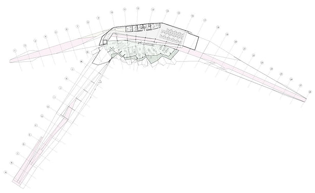 The program coincides with the idea of pedestrian and site interaction, in turn the building houses a Public Library (top floors) as well as an Atmospheric Research Center (bottom floor) counteracting the harmful freeway infrastructure. As the pedestrians move along the path over the freeway the public and private merge where the research labs are visually connected to the pedestrian. Within the public spaces the site is also experienced and framed through the protrusions. 