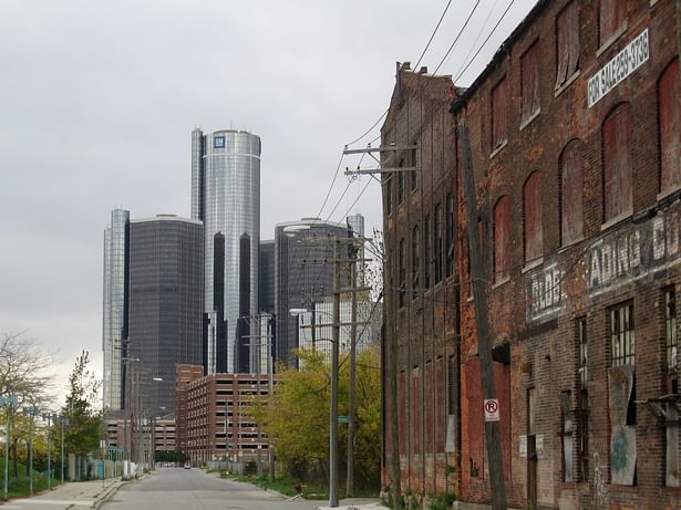 View of Renaissance Center from east side factory district
