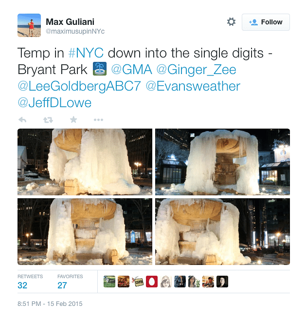The fountain in Bryant Park frozen. Credit: Max Guliani's twitter via NY Mag