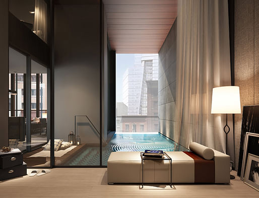 Sixteen of the units in the condo will have private pools. Most of them will be built in alcoves, and open to the street. (The New York Times; Rendering: SCDA Architects)