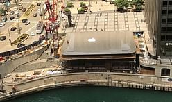 A giant MacBook tops out the Foster + Partners-designed Chicago Apple Store