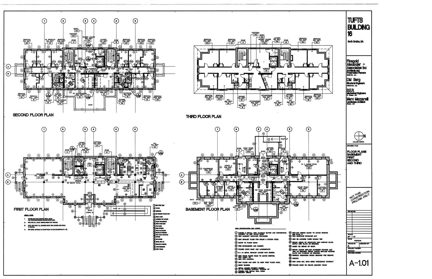 TUFTS UNIVERDITY, BUILDING 16 A-1.01 FLOOR PLANS - BASEMENT, FIRST, SECOND AND THIRD