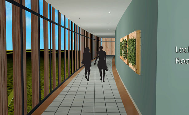 Aquatic Hallway- The view shows the connection with the outdoors while providing a safe feeling for the patients. Many soldiers don't like being in open spaces, which makes them feel like a target.
