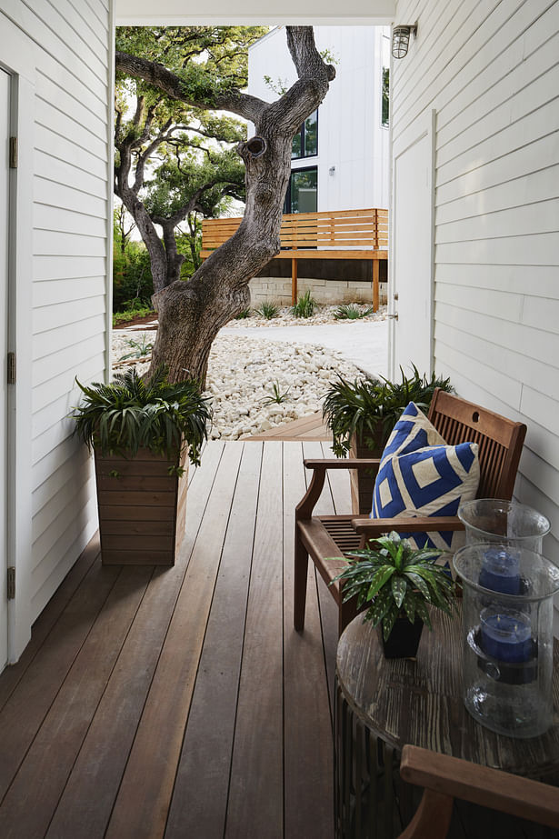 Floating dog run of House 4 connecting the garage and main house with views into the central oak tree and House 3 perched beyond. The flooring is tropical hardwood, chosen for long-term durability and ease of maintenance. 