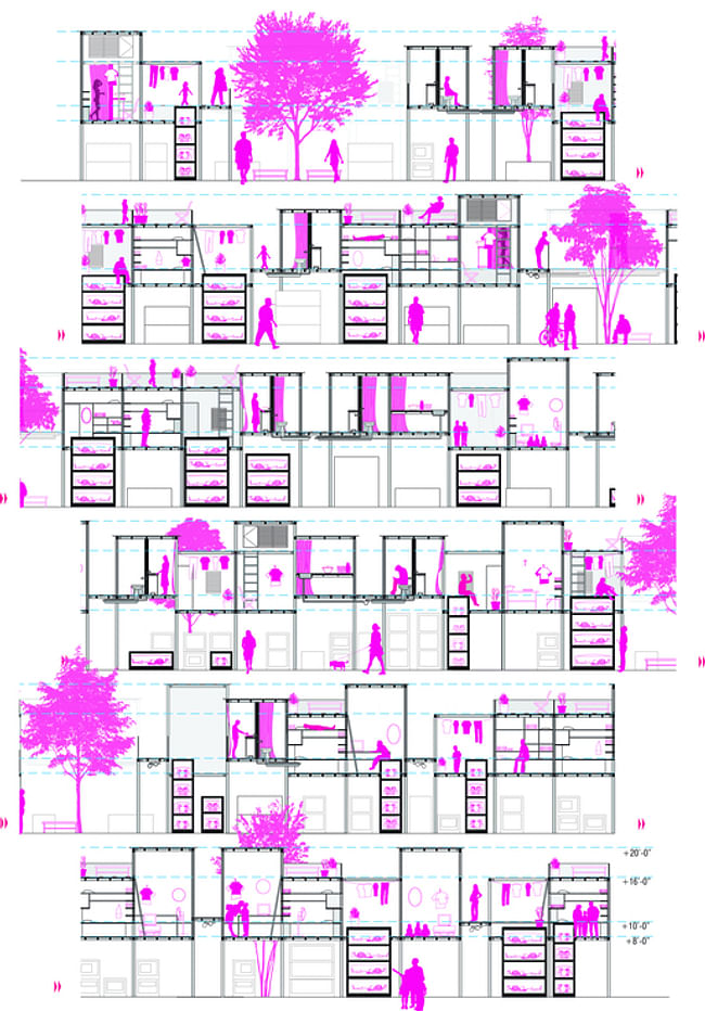 section of housing prototype showing relationship + interaction of two seperate programs cemetery and housing by John Tubles