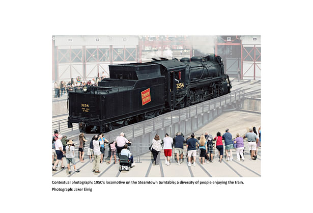 Context image - Steamtown turntable; diversity of people enjoying the train. Photograph: Jaker Einig