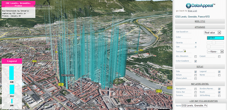 DataAppeal Application showcasing alternative datascape rendering of CO2 Levels, in Grenoble France, using cyan color option. Data Source: Sensaris Eco-Senspod, Senaris France.