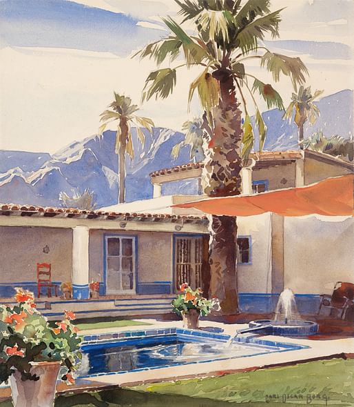 Wallace Neff, Arthur K. Bourne House, Palm Springs (exterior perspective), 1933, The Huntington Library, Art Collections, and Botanical Gardens, San Marino, California, archNeff.