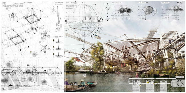 Honorable Mention: 'Re-Generator Skyscraper: Plan to Regenerate the Wetlands of Hangshou' by Gabriel Munoz Moreno | United States.