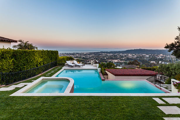 quaint hillside retreat | stunning view property. infinity edge swimming pool design + waterfall fountain. hand crafted iron details | classic santa barbara style. 3388 sf