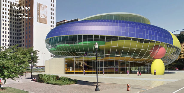 Louisville Children's Museum proposal's 3rd avenue entrance with solar panels.