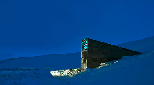 The Svalbard Seed Vault extends 393 into a sandstone mountain in Norway. Image: via glamox.com