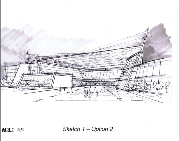 Sketch, view from covered plaza 1