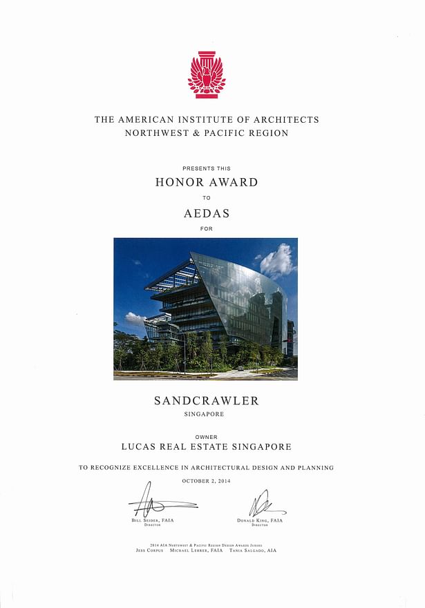 Sandcrawler by Andrew Bromberg of Aedas wins 2014 American Institute of Architects NWPR Design Award