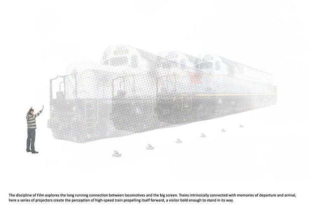 The discipline of Film explores the long running connection between locomotives and the big screen. Trains intrinsically connected with memories of departure and arrival, here a series of projectors create the perception of high-speed train propelling itself forward, a visitor bold enough to stand in its way.