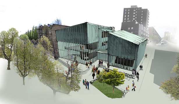 Rendering of Kulturhus from the front entrance and main road, showing the front plaza. 