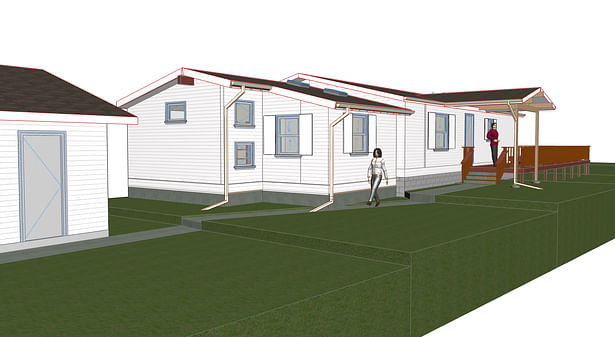 Working ArchiCAD Model - Color choices have yet to be made. A plain rectangular building is made more interesting in it's form and a nondescript entrance now described by a simple portico and entry way porch bench. 