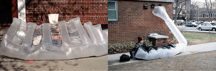 (L): The ziplock bag 'grid.' (R): Michael M. inhabits his paraSITE, which eluded New York's 3.5 foot high anti-tent law. Images: Michael Rakowitz