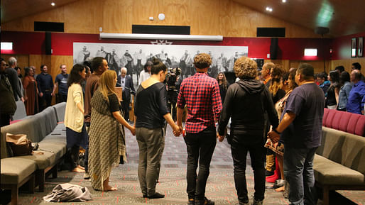 Welcoming ceremony, Ngā Aho International Indigenous Design Forum, NZ, 2018. Image: courtesy Ngā Aho/RAIC