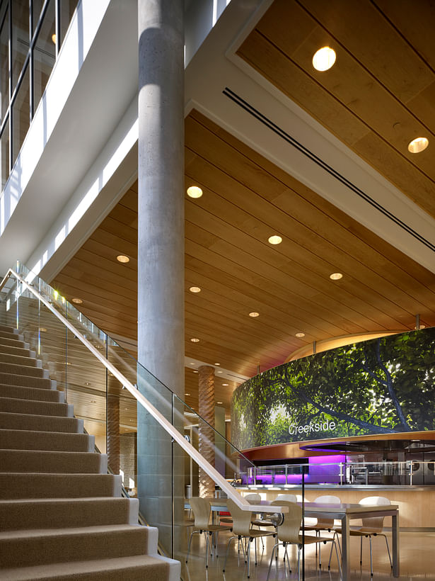 1st floor stair landing with view towards restaurant