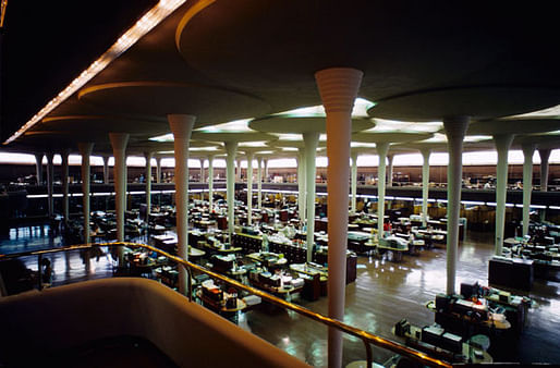 Interior, "Great Workroom", of the Johnson Wax Headquarters building—the project referenced in Wright's letter to Truslow. Image via Wikipedia.