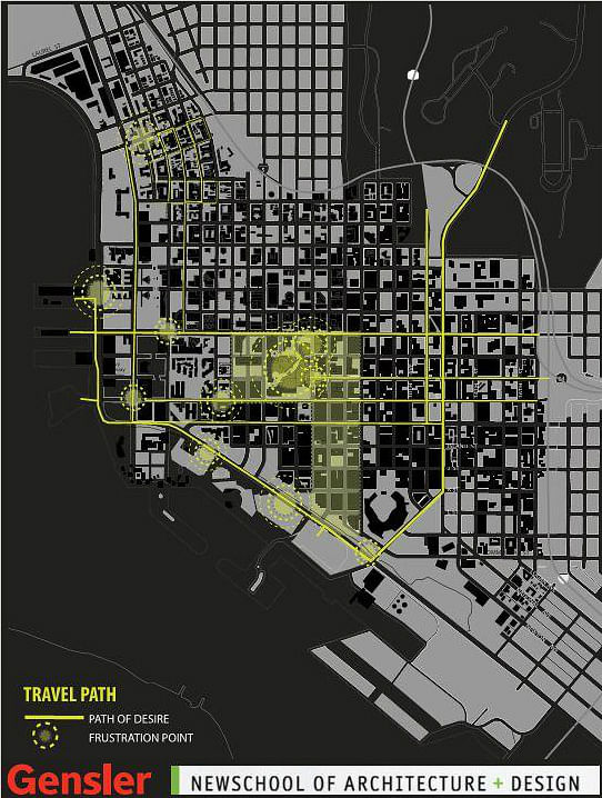 A site analysis of San Diego’s urban core from the Gensler-NSAD design studio. Students are envisioning the future downtown area in 2050 to identify potential design challenges and solutions. Credit: Ei Khin Khin