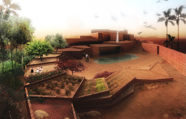 A series of planted terraces constitute the accessible roof of the serpentine structure, and house a sequence of three differing garden typologies informed by traditional Islamic garden design.