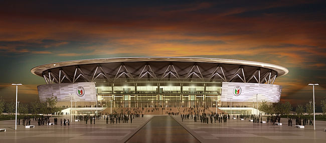 Night view of Manila's new mega arena, designed by Populous (Image courtesy of Populous)