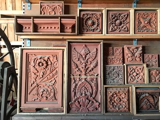 Unglazed terracotta panels on display at the National Building Arts Center, 2021. Collection of the National Building Arts Center