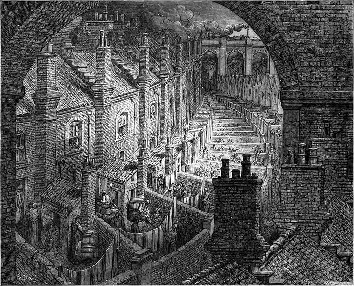 'Over London by Rail' by Gustave Doré depicts tenements in London during the Industrial Revolution.