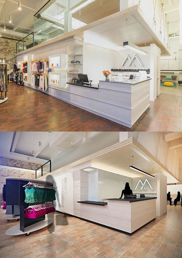 Photo by Brett Gullborg of our retail, entrance, and reception space, adjacent one of our first marketing renderings (bottom) by Ben Althoff of Be The To Studios.