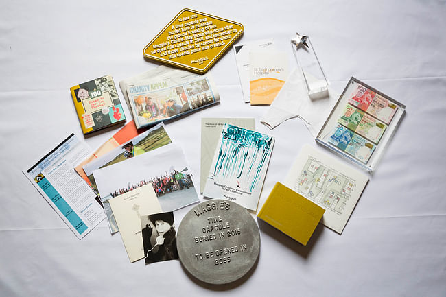 Time capsule contents compiled to mark the groundbreaking for Maggie's Barts. Photo courtesy of Steven Holl Architects. 