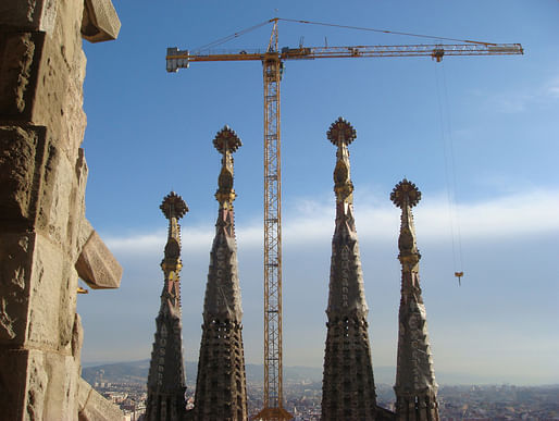 Cranes towering over the still-unfinished Sagrada Familia in 'Sagrada: the Mystery of Creation.' Credit: First Run Features