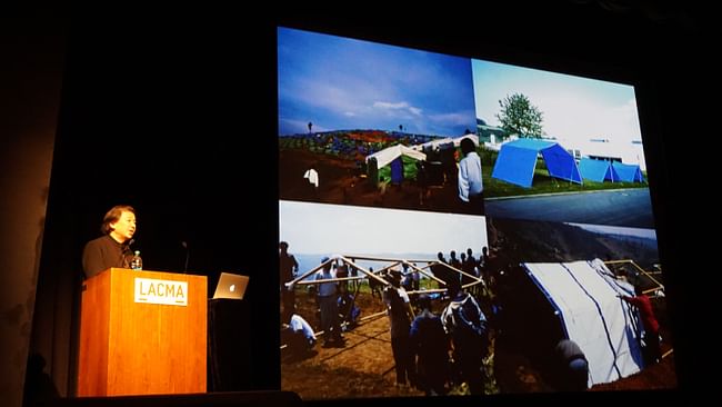 Ban discussing the Rwandan genocide, which was the first site for one of his humanitarian projects. In the bottom right is one of his prototype housing units at the Vitra campus. Credit: Nicholas Korody