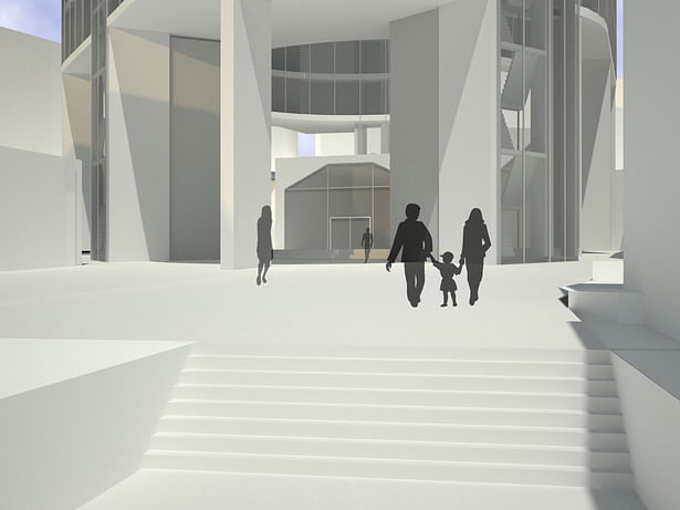 Plaza rendering with entry through abandoned tunnel in background