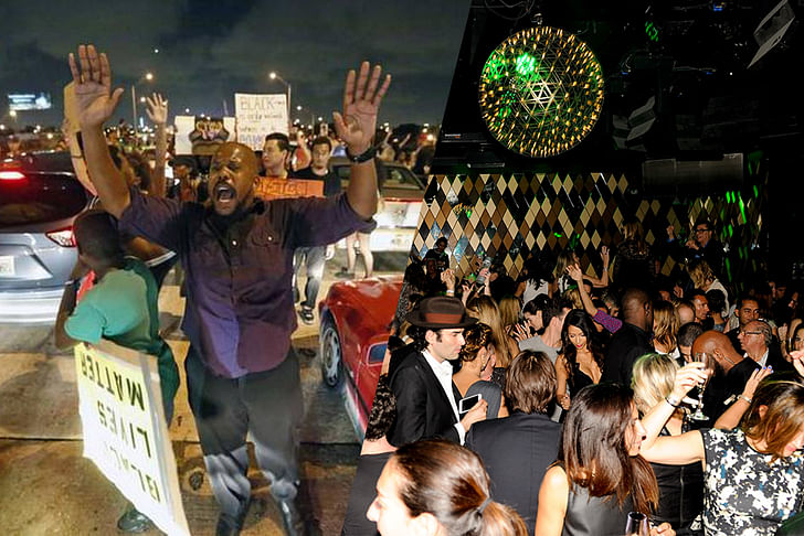 A tale of two cities: Protestors shutting down the I-195 in Miami protesting police brutality and a Dom Perignon-hosted party for ABMB-goers. Credit: Al Diaz / Miami Herald ; Billy Farrell / the Observer (resp.)