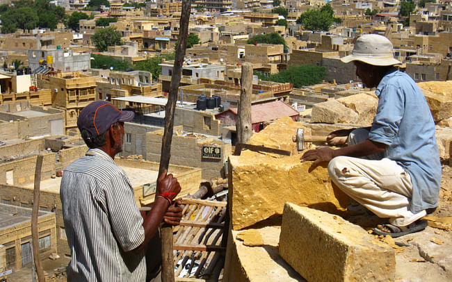 Masons rebuild Jaisalmer Fort wall using the traditional method of no mortar