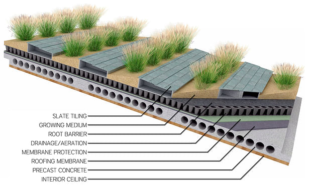 detail showing sloped green roof design