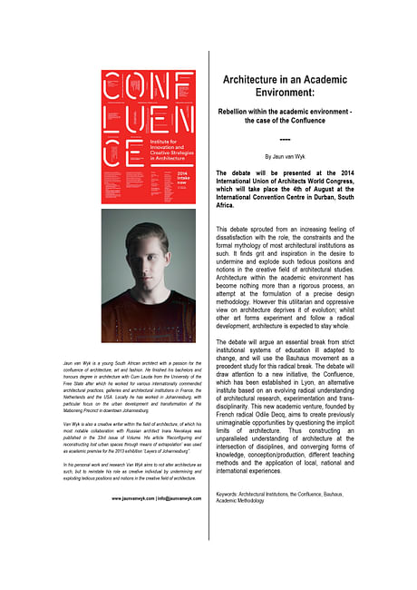 Press release || Rebellion within the academic environment - the case of the Confluence. The debate will be presented at the 2014 International Union of Architects World Congress, which will take place the 4th of August at the Durban International Convention Centre, South Africa.