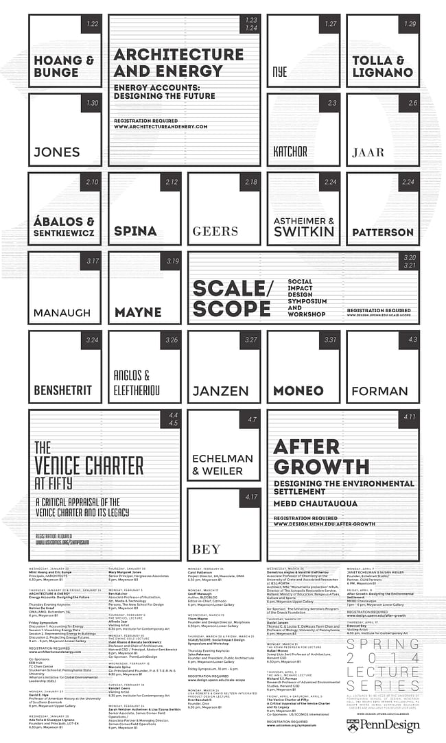 PennDesign Spring '14 Lecture Series poster. Poster design by Eric Wong, M.Arch’14.