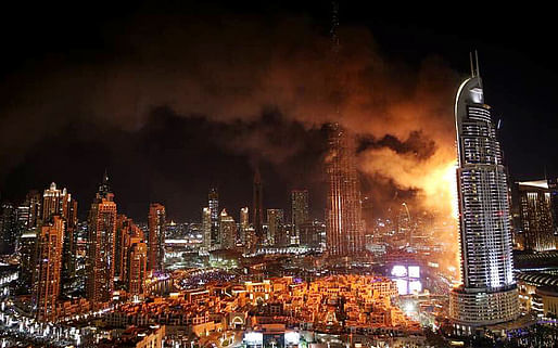 Millions witnessed on TV as The Address Downtown Dubai hotel – just vis-à-vis the Burj Khalifa – was engulfed in a massive blaze on New Year's Eve. Non fire-rated exterior panels may have contributed to the fire. The investigation is still ongoing.