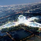 Aerial view of the Dubai World Expo 2020 master plan at night. Image: HOK