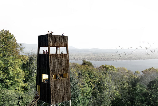 Image of a proposed lookout tower in the landscape. Image: Mandaworks