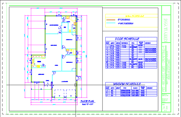 Floor plan with ext. dimensions and door & window schedules