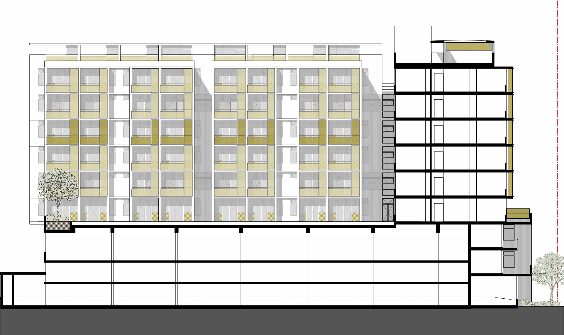 Section (E-W) showing northern elevation on rear building.