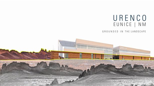 The Campus Commons is the front door to the URENCO campus, with a modern expression of a design attitude germane to the desert southwest and a form rooted in the southwest landscape.