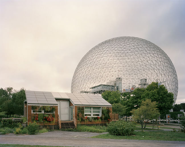 Jade Doskow's photo of Buckminster Fuller's Geodesic Dome with Solar Experimental House from the Montreal 1967 World's Fair, 'Man and His World.' The photo is part of Doskow's ambitious project to photograph all the remaining iconic sites and structures of past world's fairs.