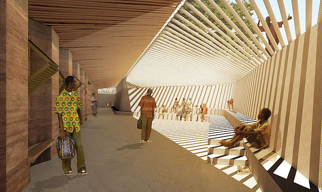 Global Holcim Awards 2012 Gold: Secondary school with passive ventilation system, Gando, Burkina Faso: The newly shaded landscape creates a platform for meeting, learning and teaching with multiple sports fields. (Image © Holcim Foundation)