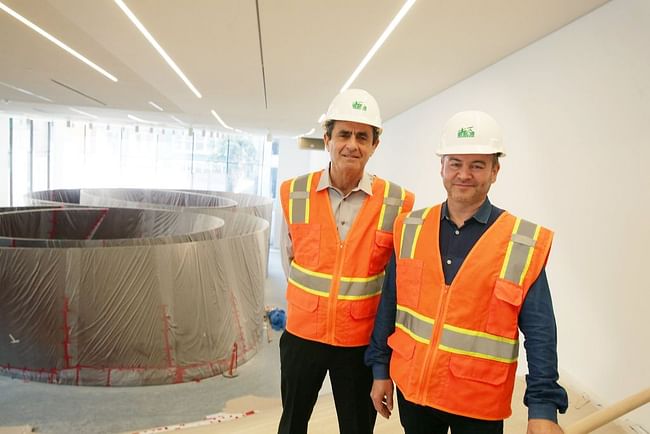 San Francisco Museum of Modern Art director Neal Benezra (l to r) and lead architect Craig Dykers stand in the Roberts Family gallery with the Richard Serra's sculpture 'Sequence' at the San Francisco Museum of Modern Art (photo by Lea Suzuki, The SF Chronicle)