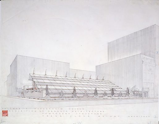 Frank Lloyd Wright, Sixty Years of Living Architecture Exhibition Building (demolished), New York; Perspective (presentation drawing), 1953; Graphite and ink on tracing paper, 91 x 196 cm; Drawing © 1988 Frank Lloyd Wright Foundation, Scottsdale, Arizona.